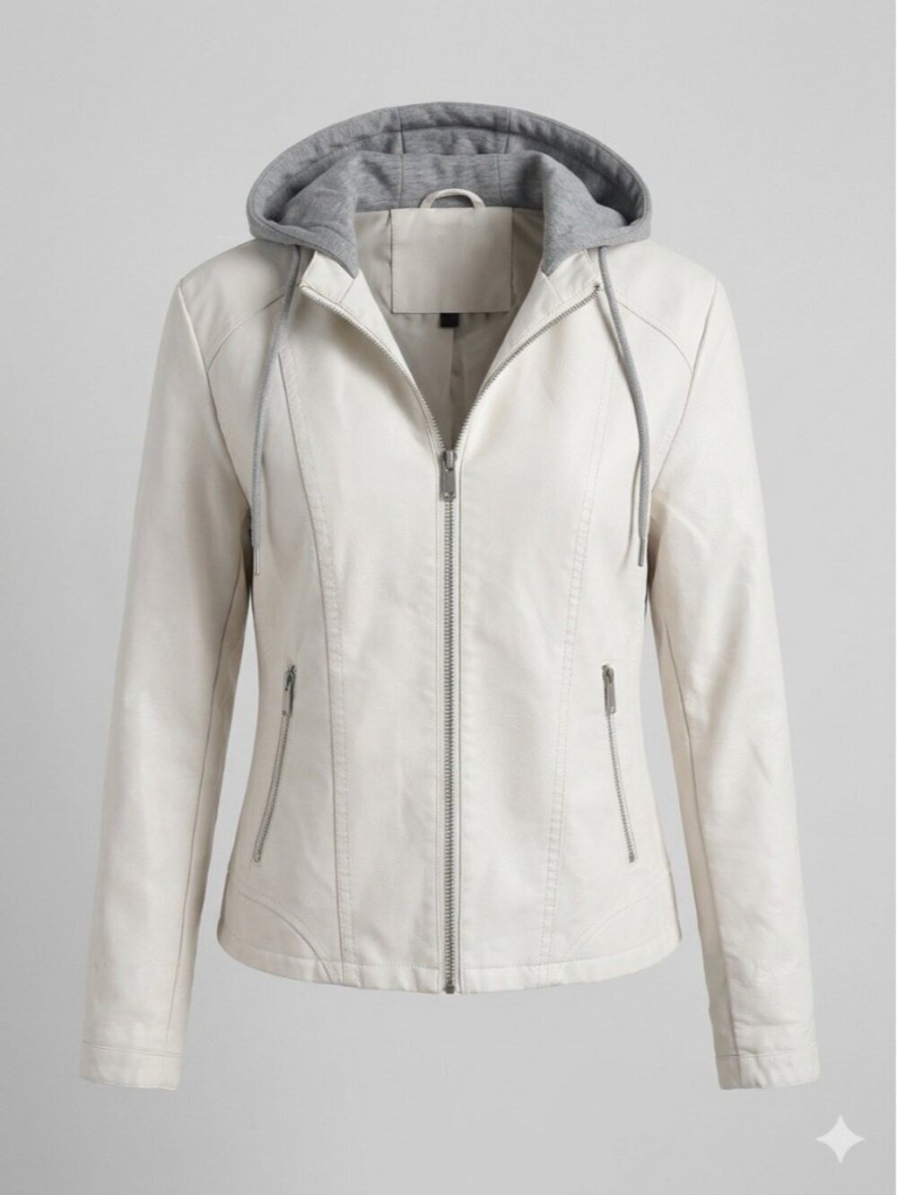 NEW Baccini Vegan Leather Hooded Moto Jacket Off-White XL Biker Coat Womans NWOT